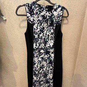 Black and floral, stretch, sleeveless dress.